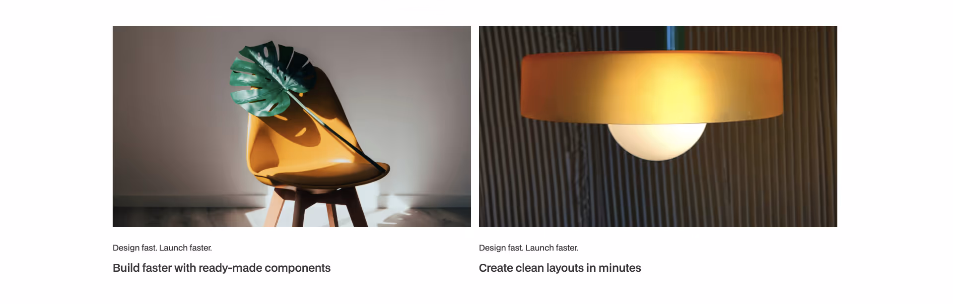 Two dark Webflow cards with image icons, title, and arrow button, highlighting fast and clean UI building