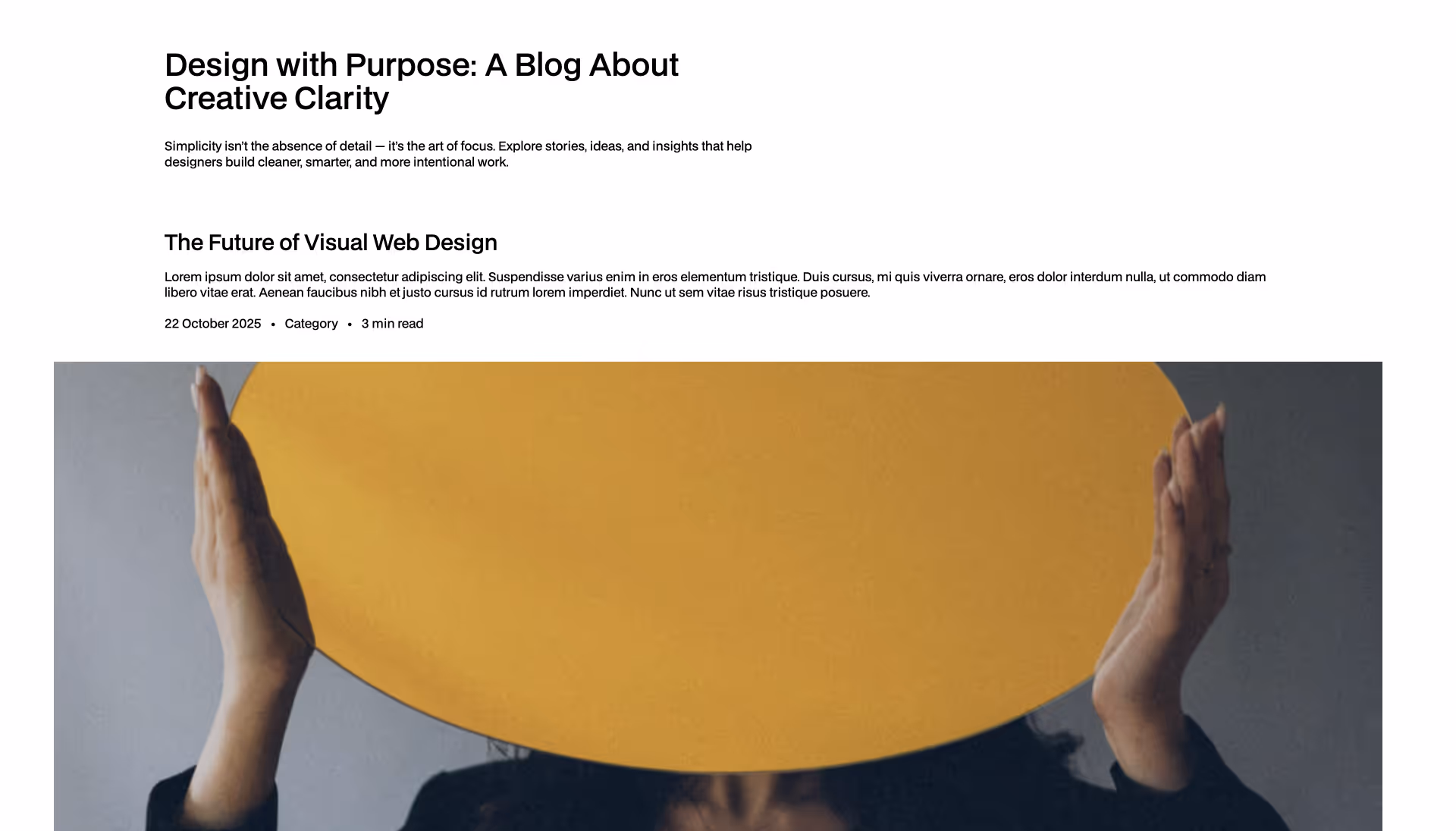 Clean Webflow blog layout showcasing minimal design and typography — featuring an article about creative clarity and the future of visual web design, built with section.tools components.