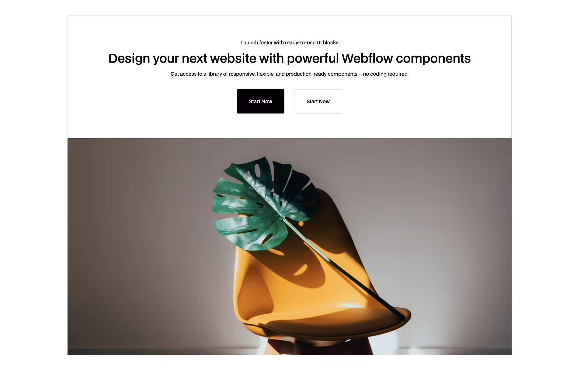 Dark-themed Webflow CTA component with headline, subtext, and two buttons: black ‘Start Now’ and white ‘Try It Free’