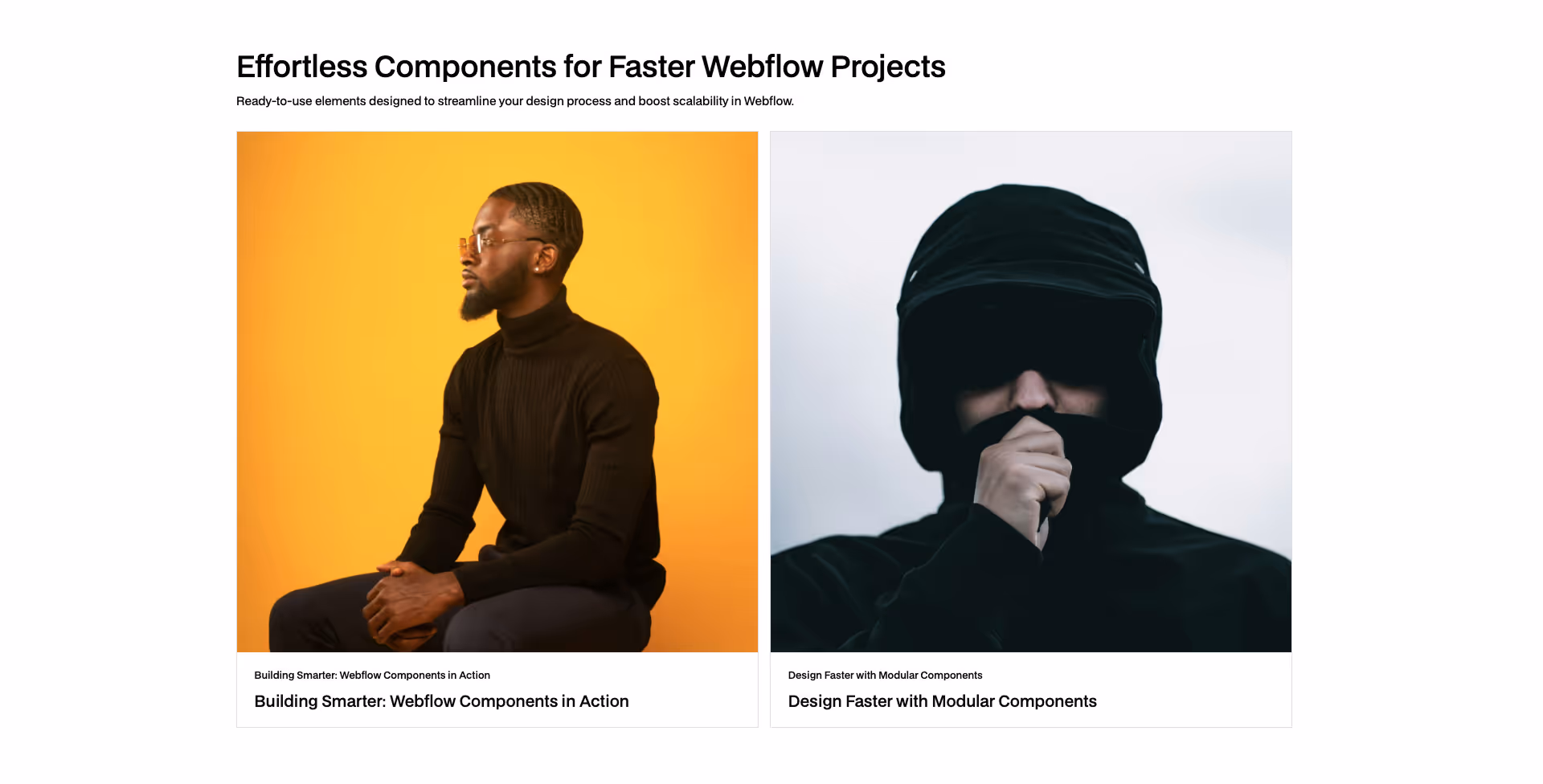 Webflow team section component with six horizontal profile cards featuring photo placeholders, name, job title, description, and LinkedIn icons
