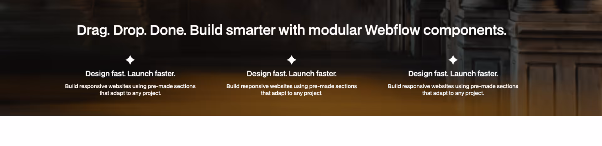 Responsive Webflow component showcasing horizontal team member cards with images, names, job titles, descriptions, and LinkedIn links