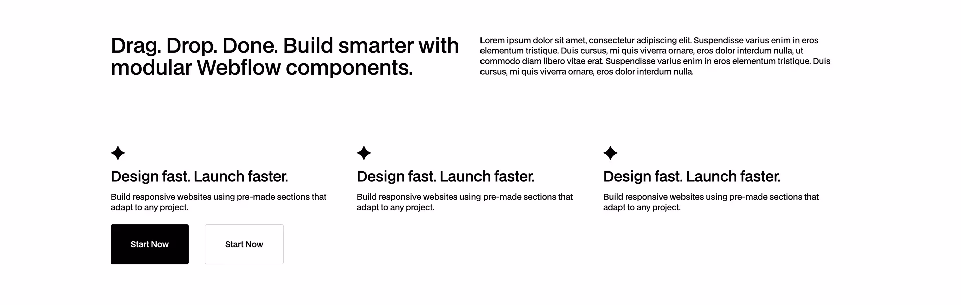 Card 18 Webflow component showcasing two dark-themed content cards with image placeholders, titles, and subtitles — “Building Smarter: Webflow Components in Action” and “Design Faster with Modular Components” — under the heading “Effortless Components for Faster Webflow Projects