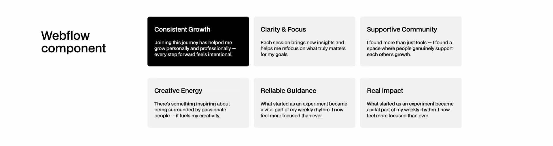 Dark Webflow UI with a four-column layout featuring identical feature cards promoting fast and responsive website design using modular components.