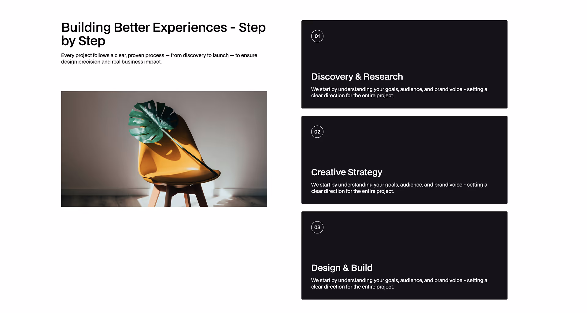 Three-column Webflow layout with dark image placeholders, subheaders, and text blocks describing minimal components with call-to-action links.