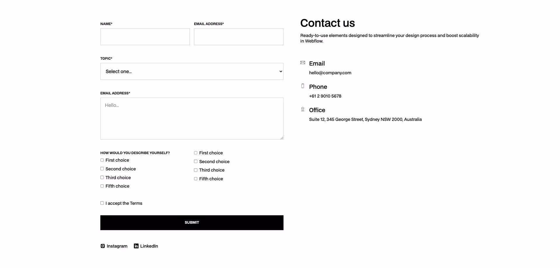 Webflow contact form component with input fields for name, email, select option, and message. Contact details section on the right includes email 
