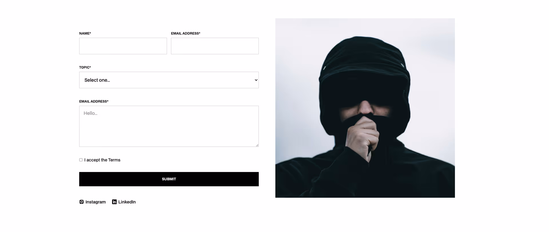 Webflow component - contact form component with input fields for name, email address, topic selection, and message. Includes Submit button, alternative option to send an email, and social media links for Instagram and LinkedIn at the bottom.