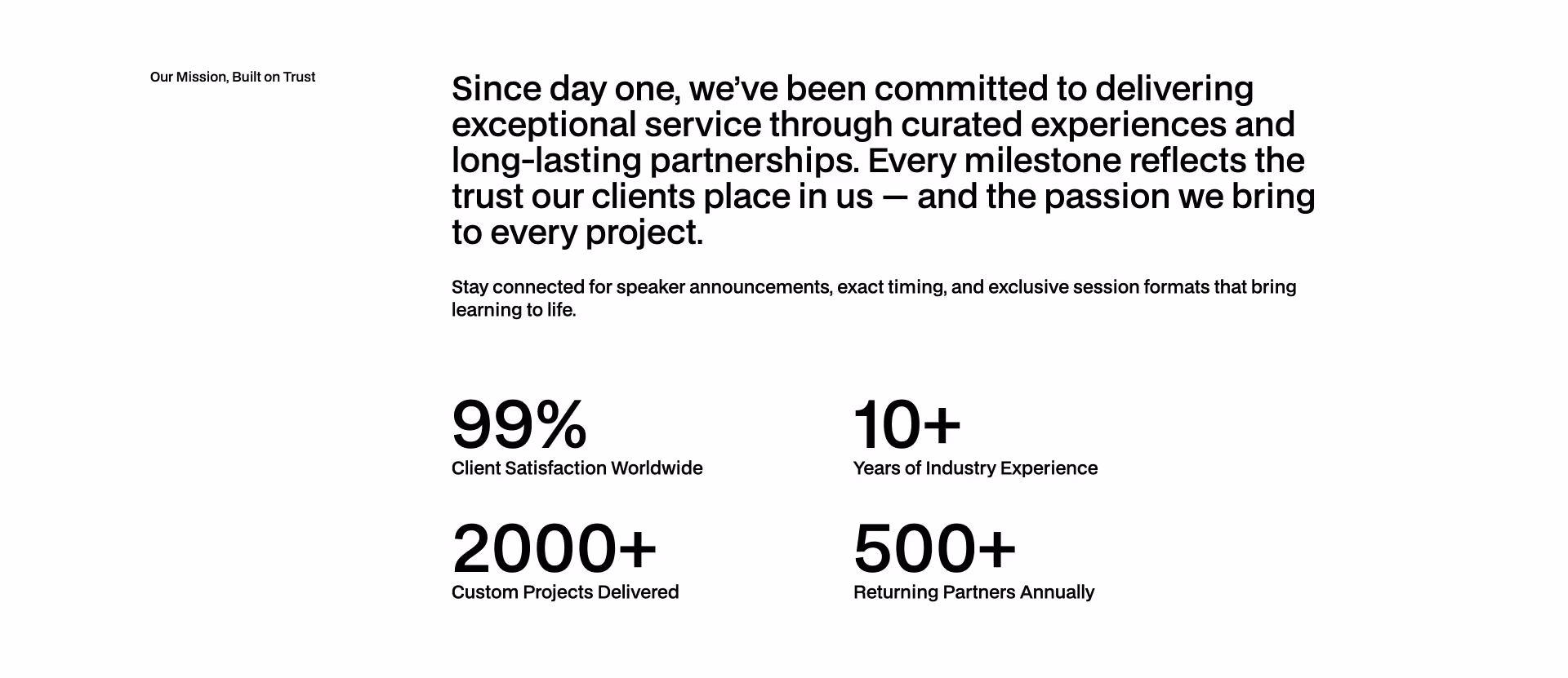 Webflow component with company story and four key performance statistics in a grid layout