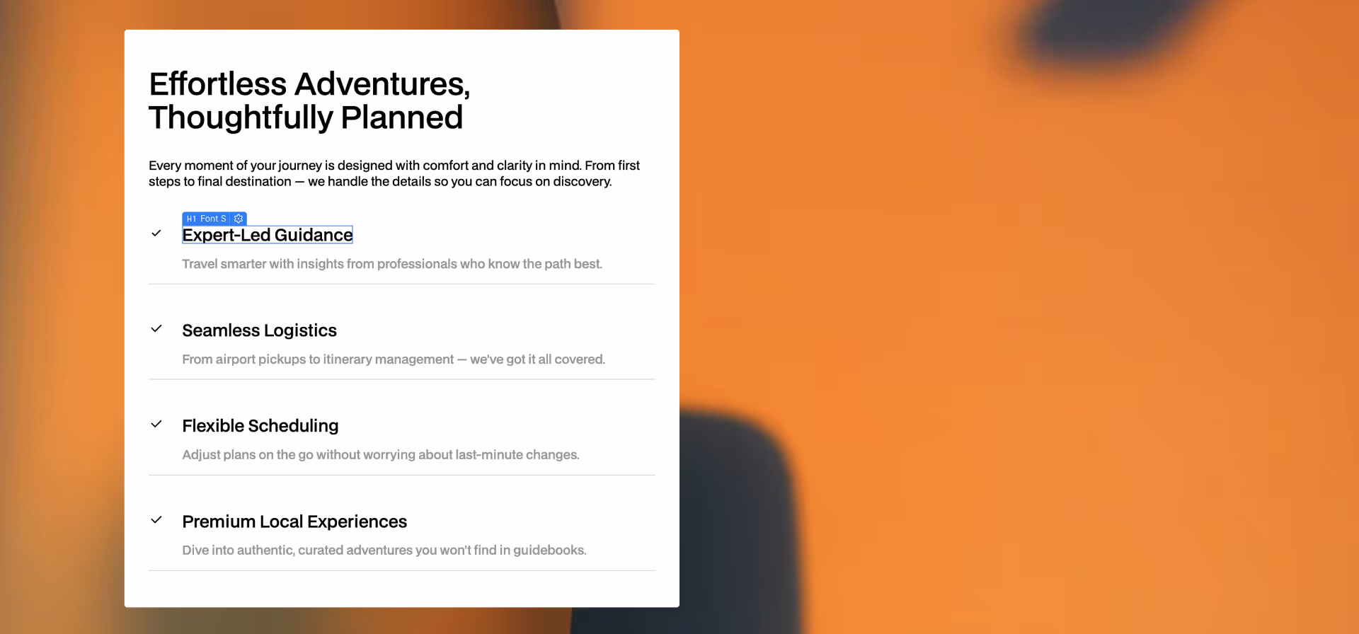 Feature section with a white card on black background showing travel service benefits like expert guidance, logistics, flexible scheduling, and local experiences, with a large image icon in the background.