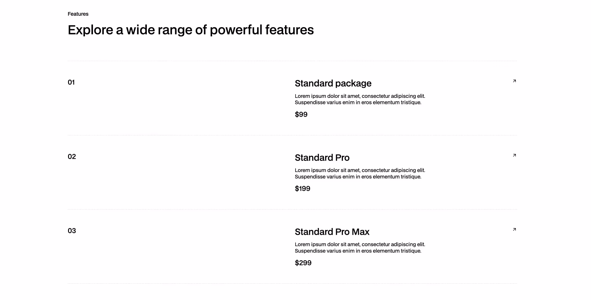 Feature comparison layout showcasing three pricing tiers – Standard package, Standard Pro, and Standard Pro Max – each with pricing and description, designed as a Webflow component for modern product presentation