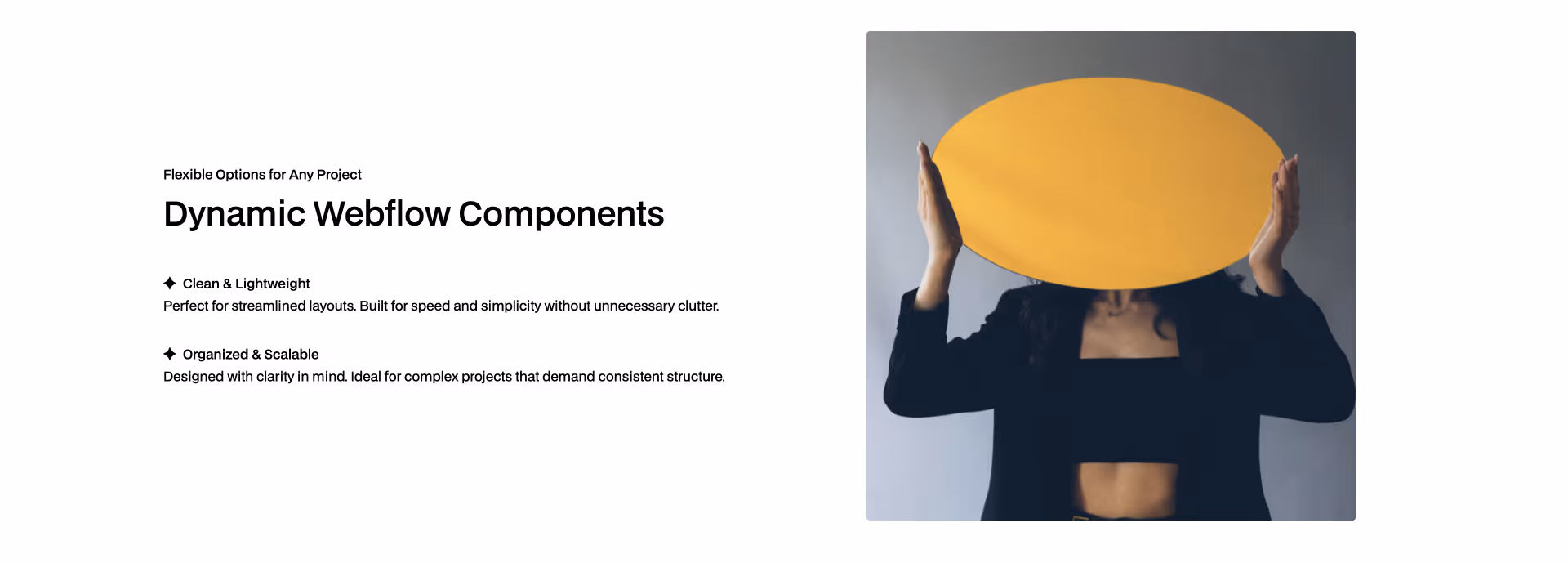 Three-column feature layout with icons and labels – Modular, Minimal, Structured – designed as a clean and modern Webflow component for presenting service or product qualities