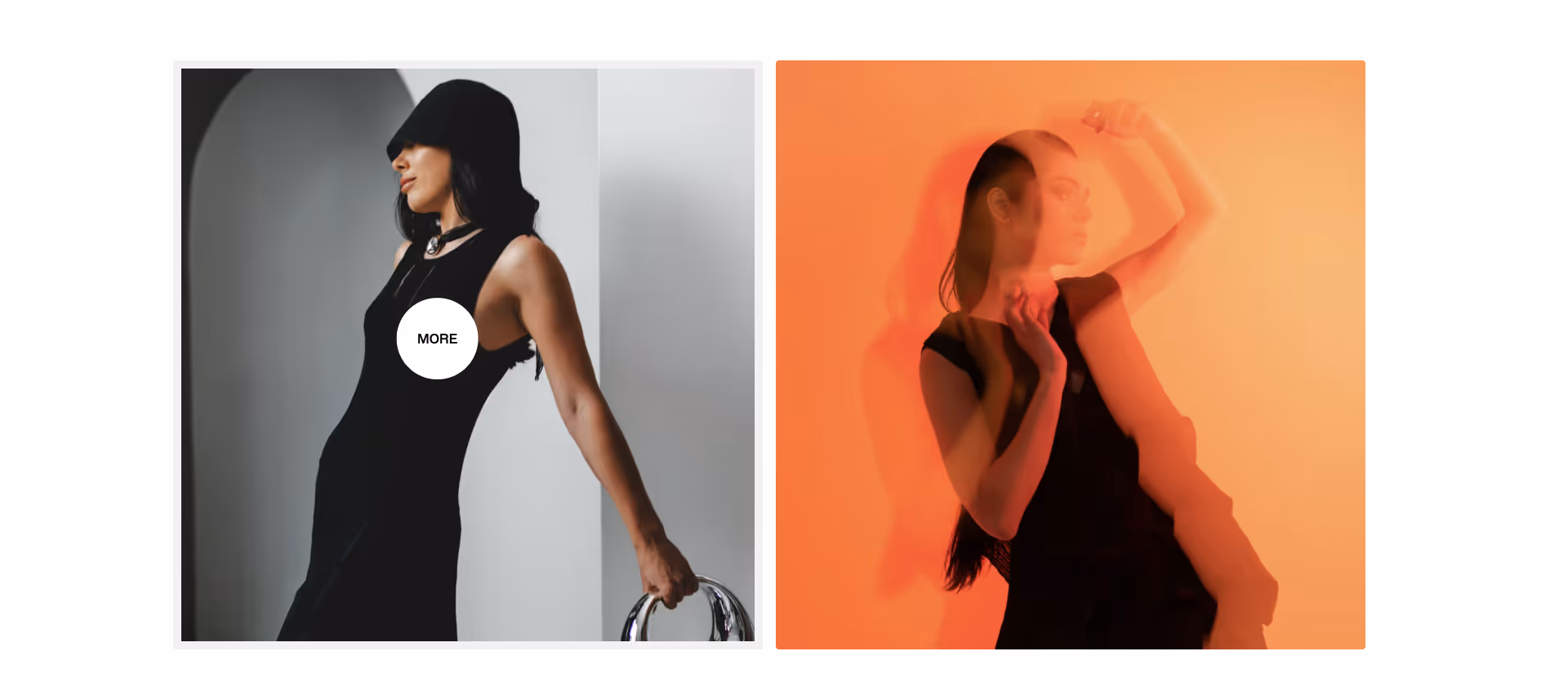 Feature section with two black cards; the left card shows a bright green circular "MORE" button with hover effect, and the right card displays a white image icon