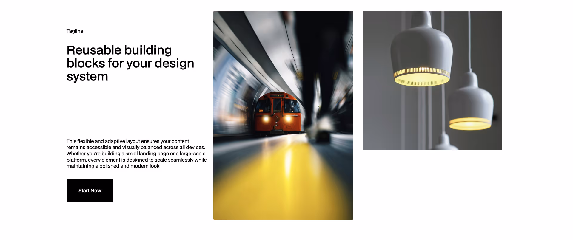 Feature section with a bold headline, description, call-to-action button, and two dark image placeholders on the right