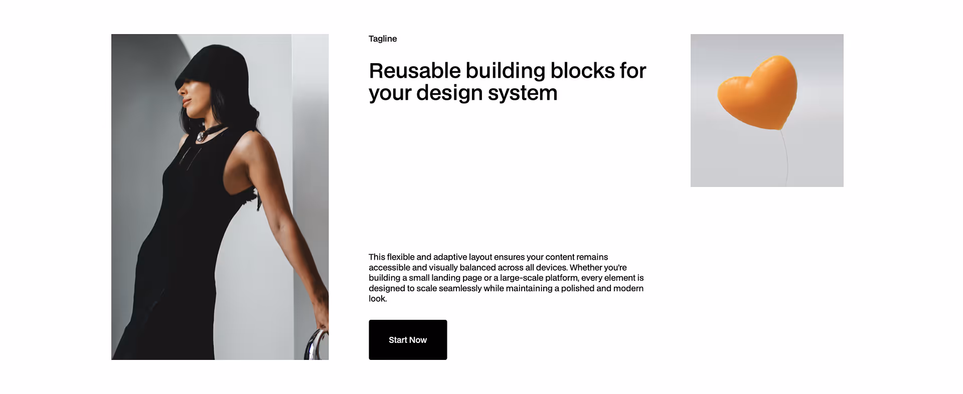 Responsive Webflow component with dual-image layout and bold headline for design system presentation