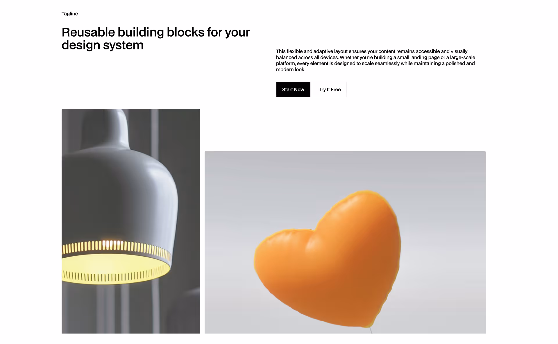 Webflow component with large image, right-aligned content block with headline, description, and CTA button for responsive page sections