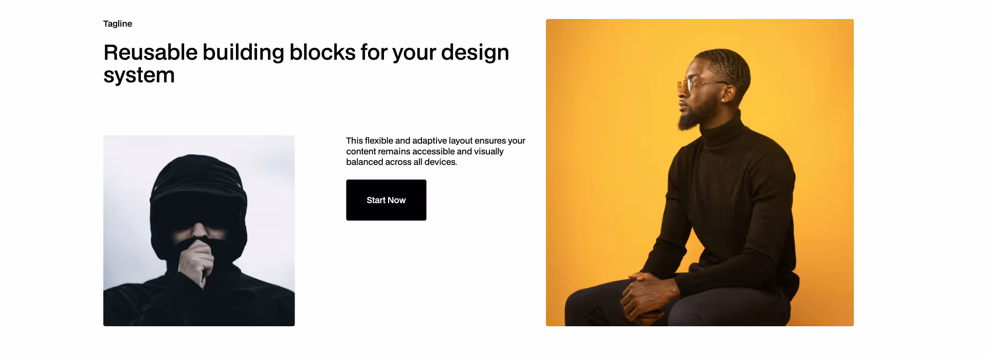 Webflow component with left-aligned image, right-aligned heading, description, and CTA button for responsive feature sections