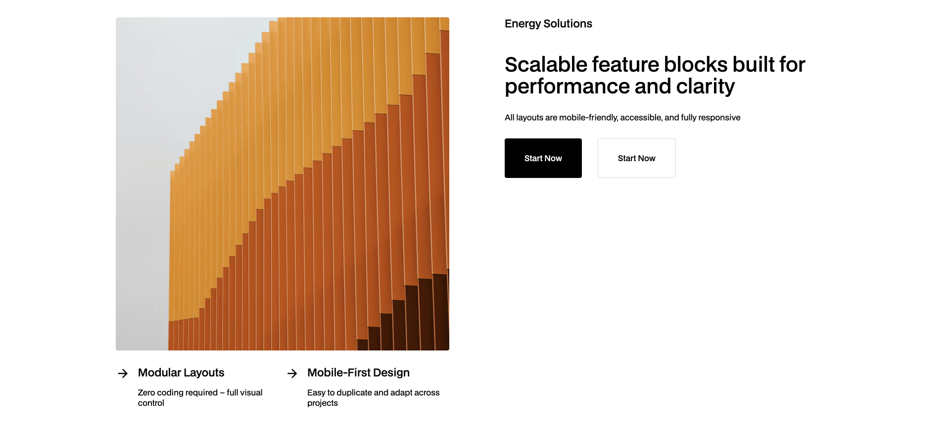 Webflow component with left-aligned image, right-aligned heading, description, and CTA button for responsive feature sections