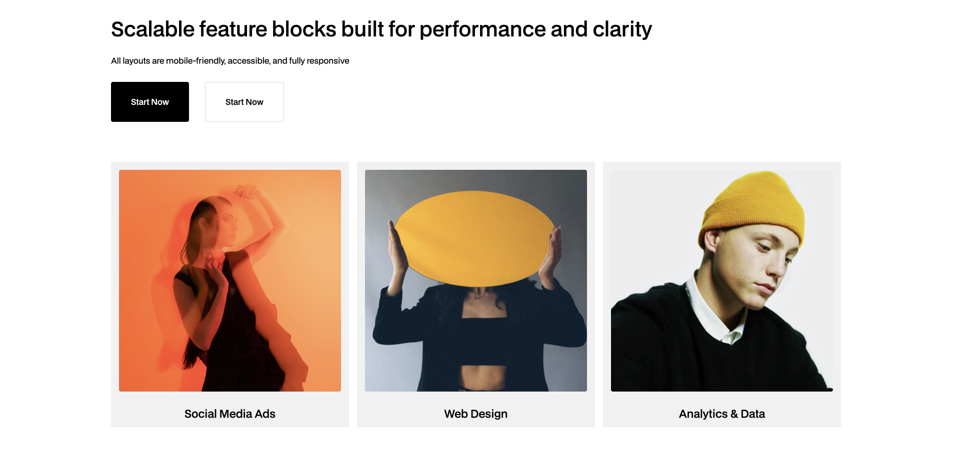 Webflow component with dual image blocks and central content section featuring heading, paragraph and CT