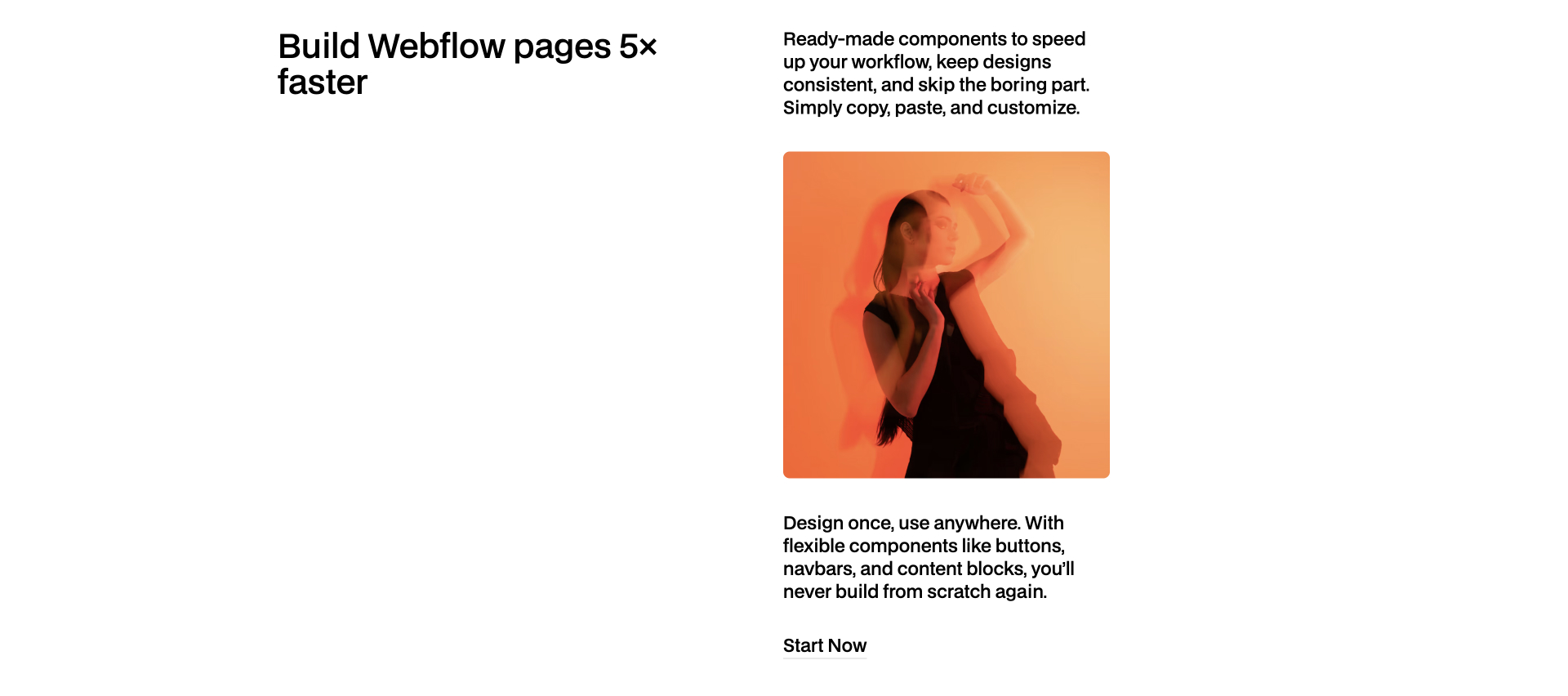 Webflow component with headline, supporting paragraph and call-to-action button arranged in a two-column responsive layout