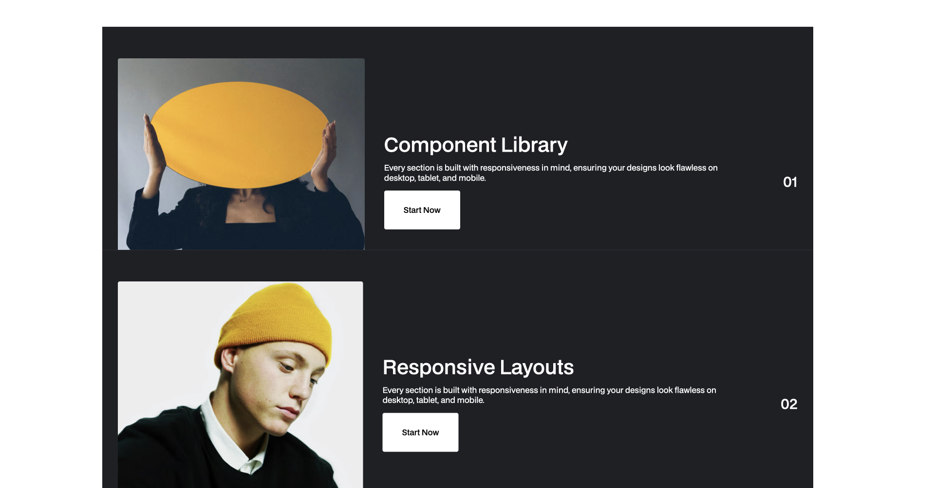 Webflow component with headline, supporting paragraph and call-to-action button arranged in a two-column responsive layout