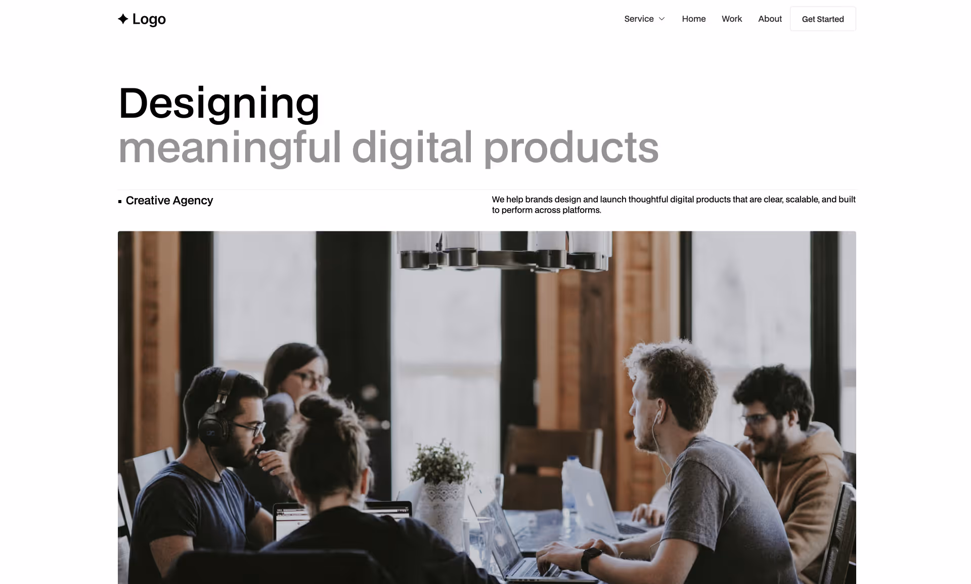 Webflow hero component showcasing a creative agency website with a large headline, supporting text, navigation bar, and a team collaborating on digital product design