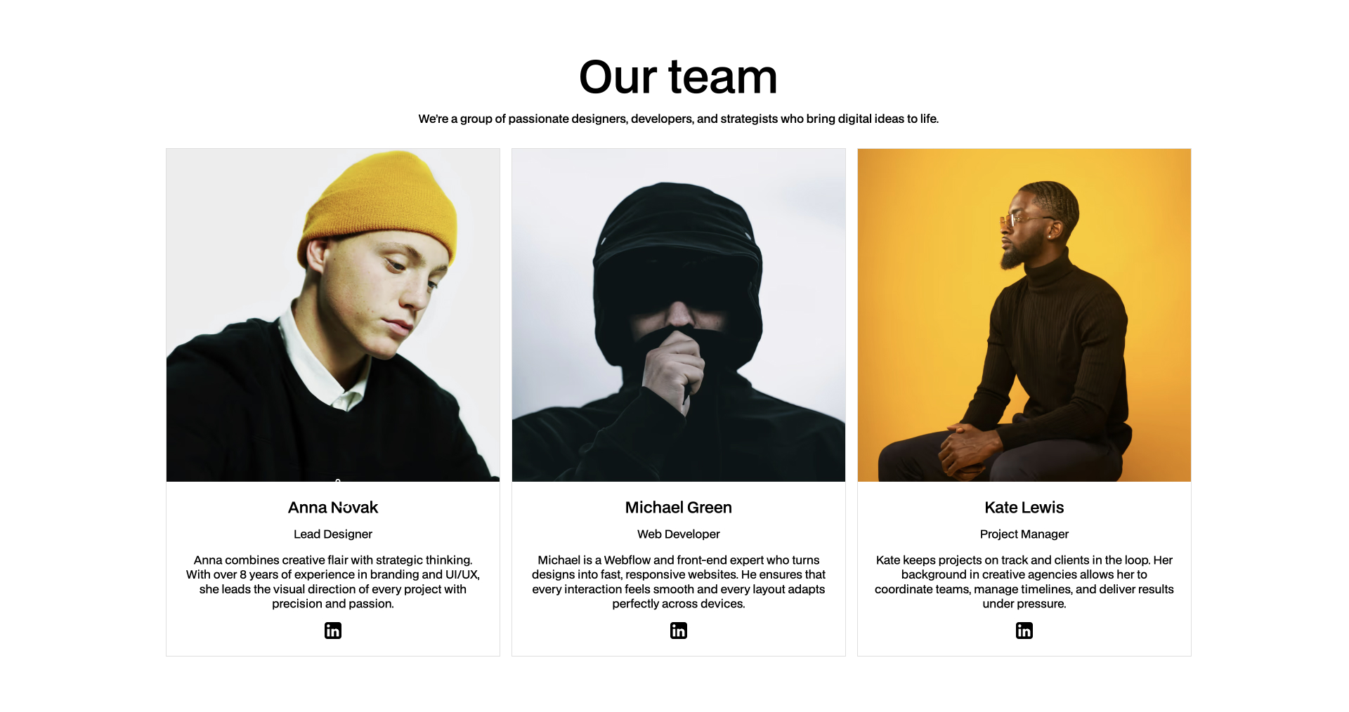 Team section featuring six profile cards arranged in two rows, each with a placeholder image, name, job title, bio, and LinkedIn icon.