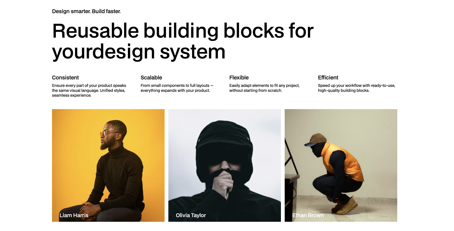Team Webflow component with profile photos, names and roles