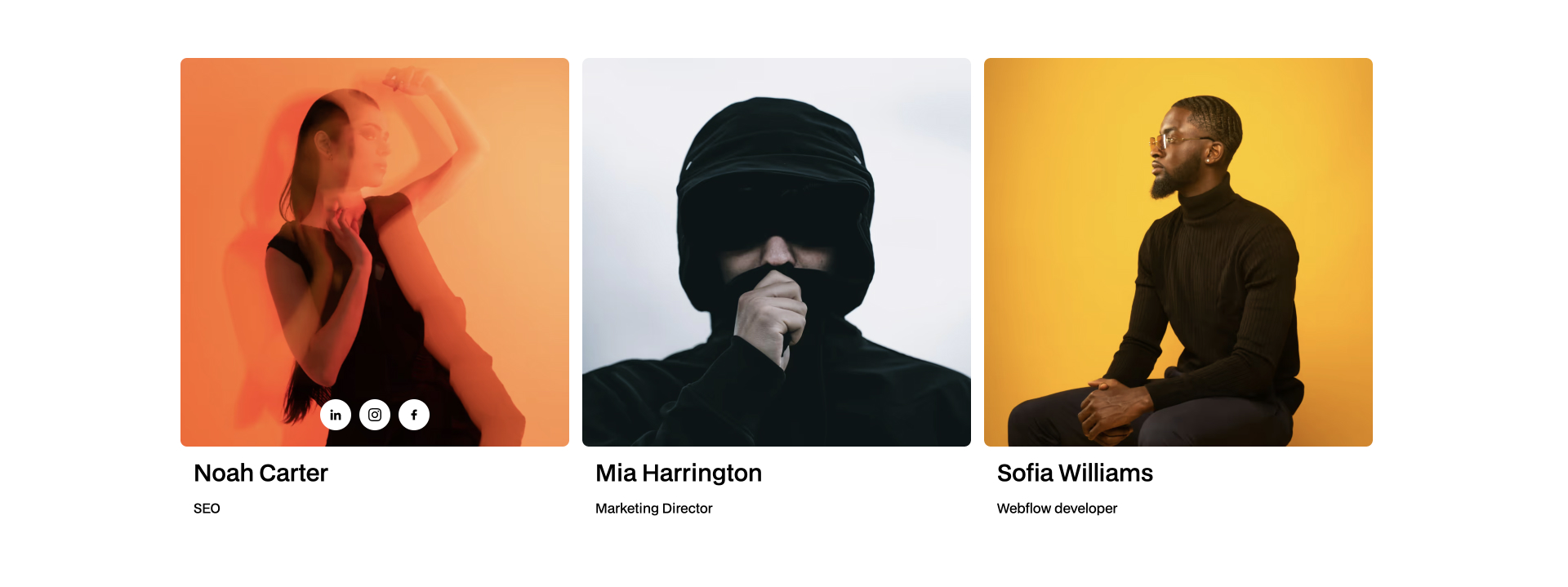 eam member cards with modern black-and-white portraits and social media icons — Webflow team component