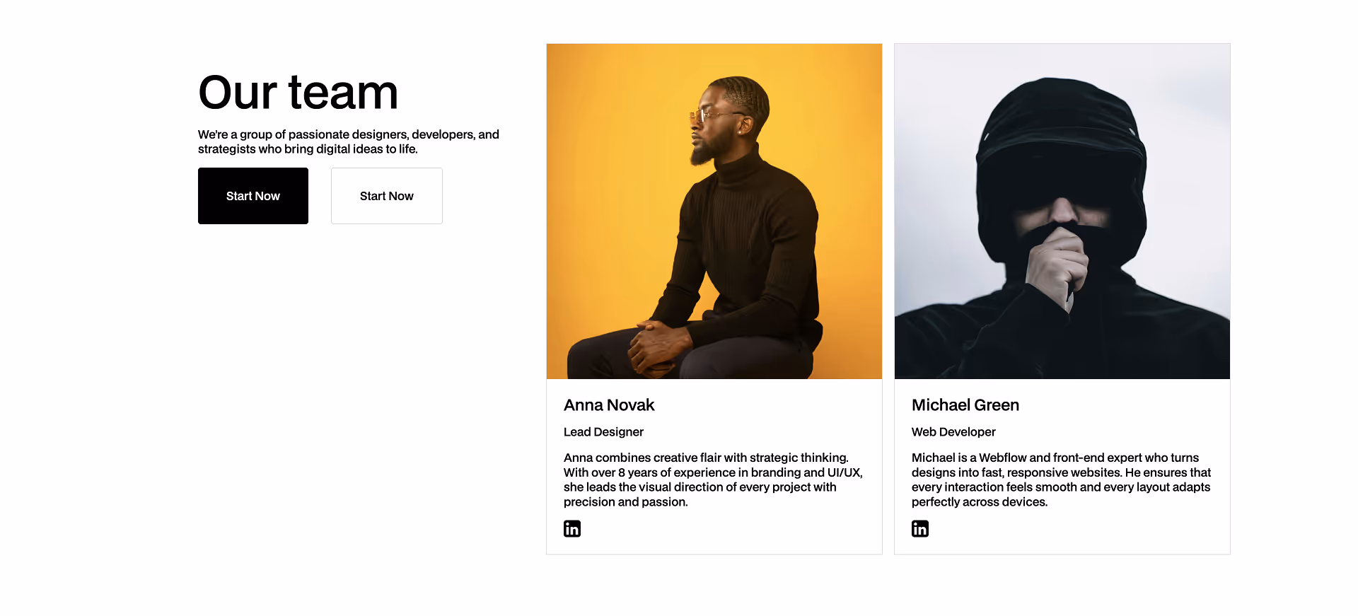 Responsive team section layout with left-aligned heading and call-to-action buttons, and four team member cards on the right