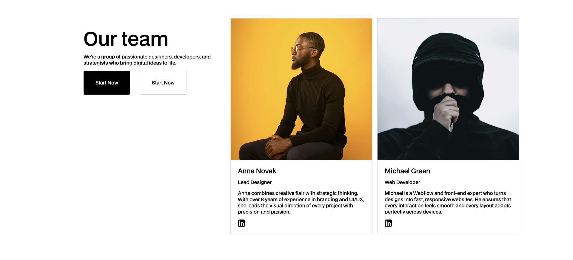 Responsive team section layout with left-aligned heading and call-to-action buttons, and four team member cards on the right