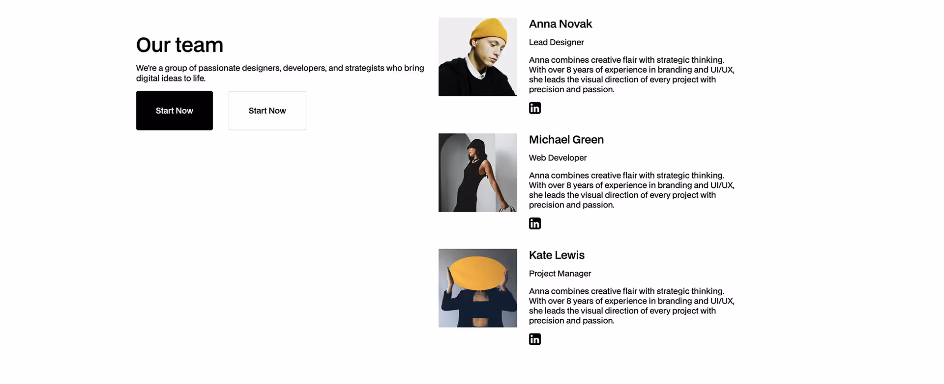 Three-column team section with left-aligned heading, description, and CTA buttons
