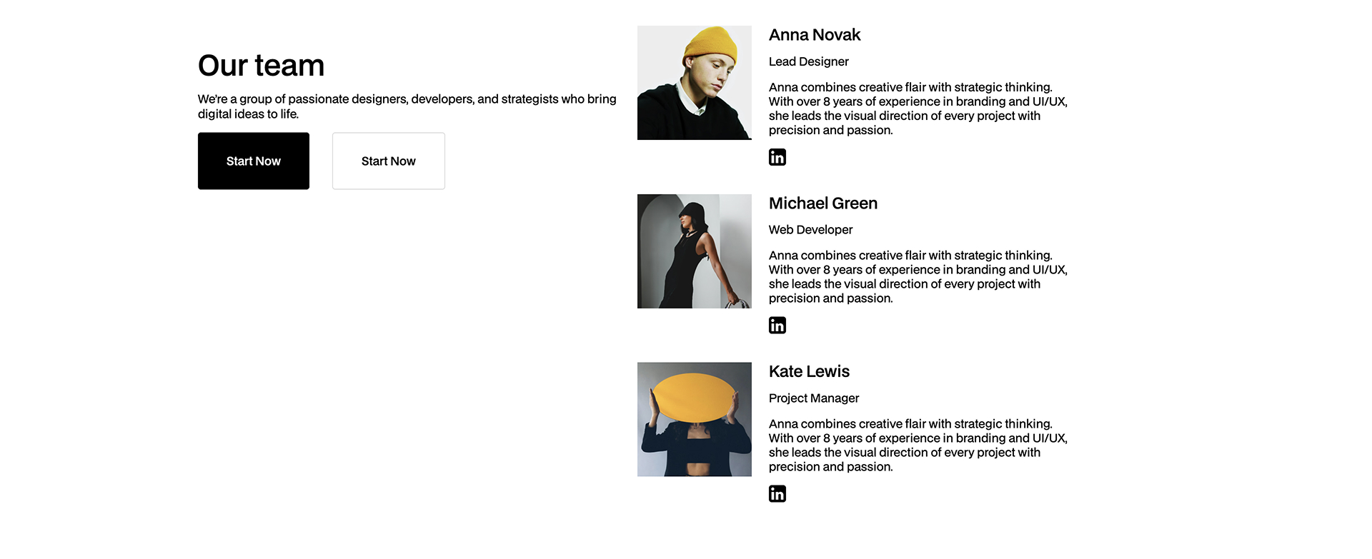Three-column team section with left-aligned heading, description, and CTA buttons