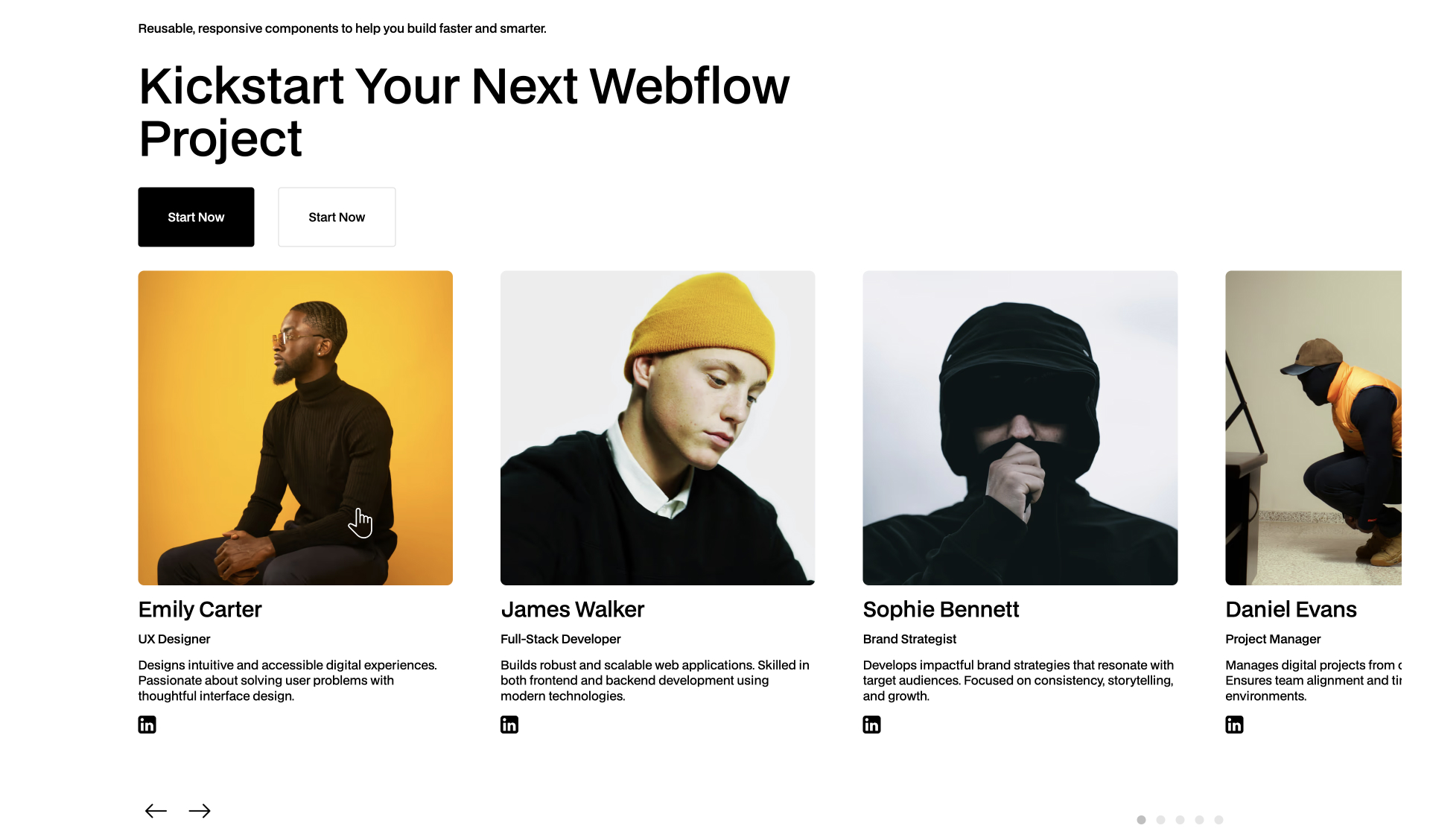 Webflow Team Section component displaying team member cards with name, job title, description, and LinkedIn icon