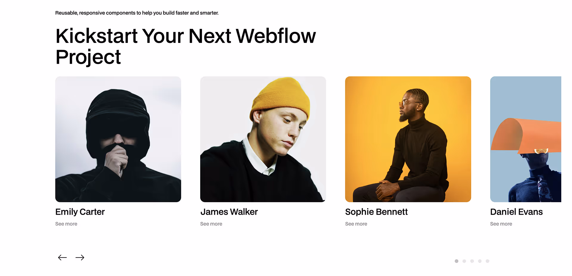 Webflow team section component with four interactive profile cards featuring photo placeholders, team member names, and 'See more' call-to-action