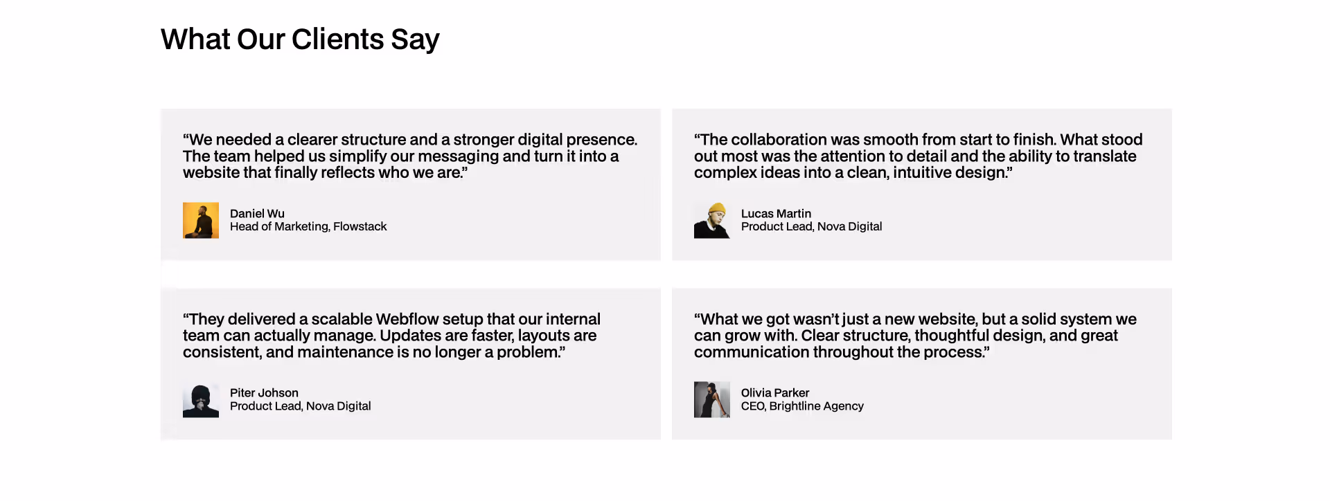 Testimonials section showing three designer reviews praising section.tools for helping them build Webflow projects faster and more efficiently. Includes quotes from Lena Thompson, Noah Carter, and Amelia Brooks, along with a counter reading “9k+ Designers
