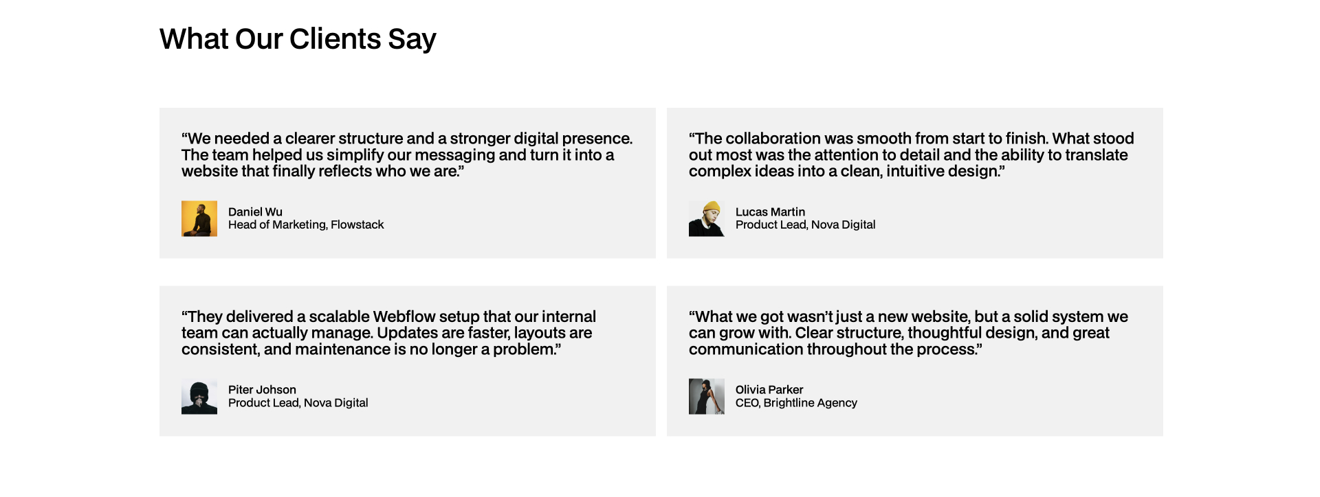 Testimonials section showing three designer reviews praising section.tools for helping them build Webflow projects faster and more efficiently. Includes quotes from Lena Thompson, Noah Carter, and Amelia Brooks, along with a counter reading “9k+ Designers