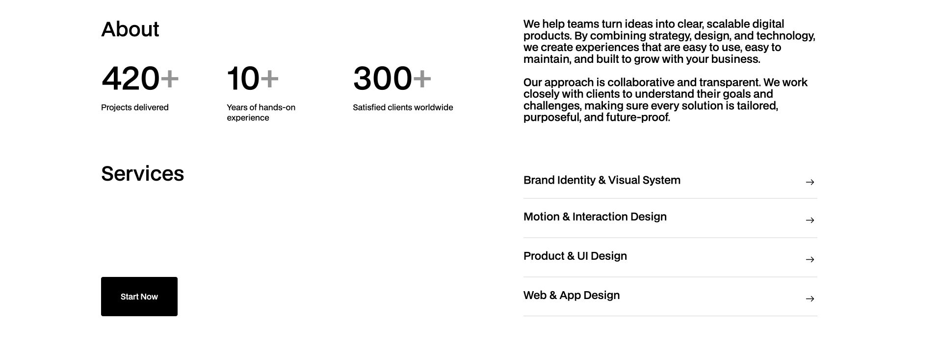 About section presenting a digital agency overview with key statistics, service list, and call-to-action button.