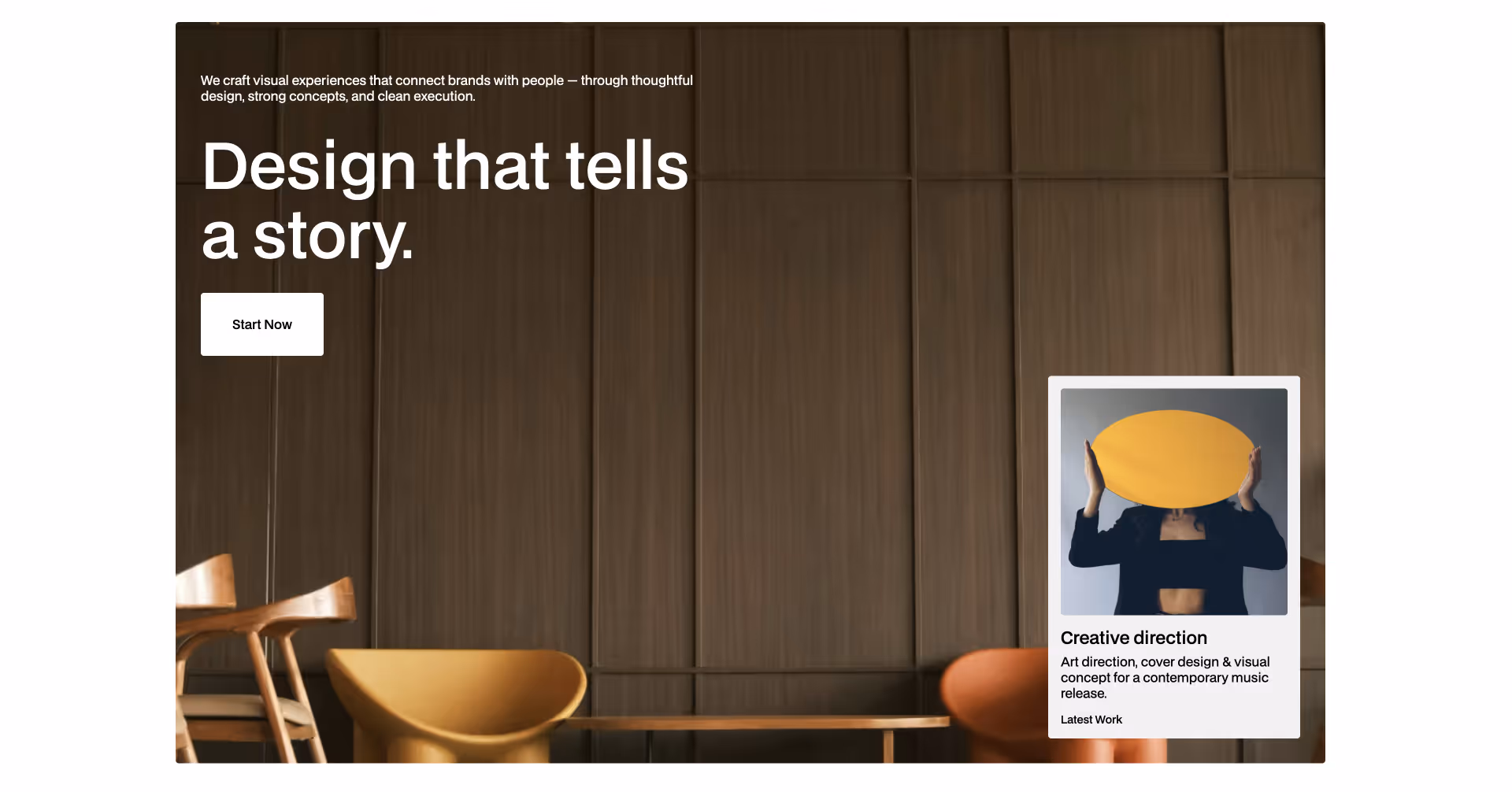 Hero section with a minimalist interior background, large headline text, call-to-action button, and a featured project card showing album cover artwork titled