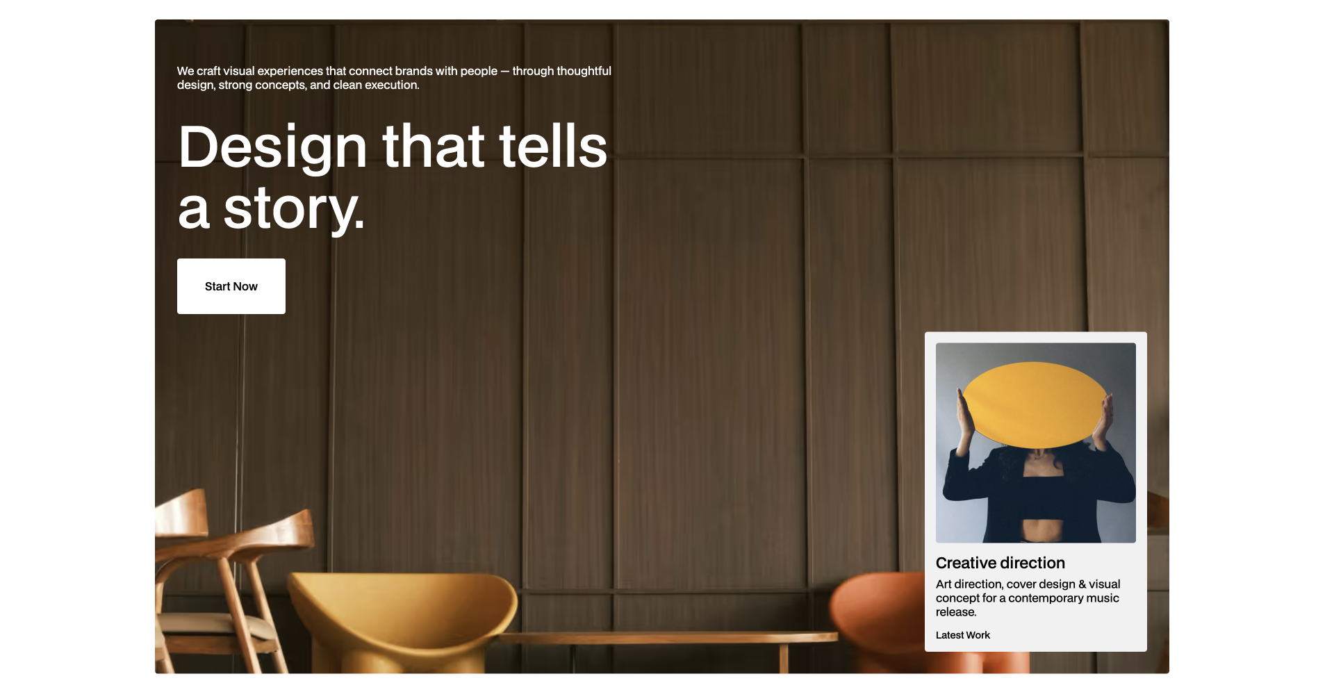 Hero section with a minimalist interior background, large headline text, call-to-action button, and a featured project card showing album cover artwork titled