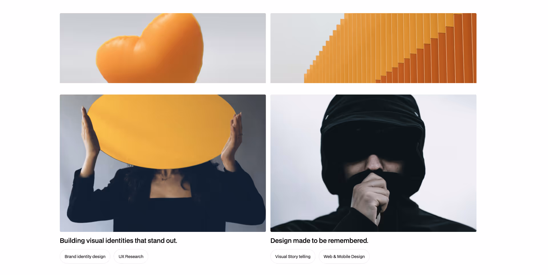 Creative portfolio grid showcasing abstract visuals, brand identity projects, and modern design case studies webflow component