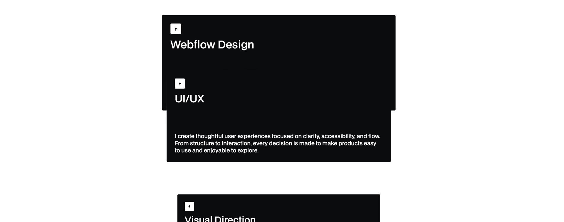 Animated Webflow component with stacked service cards showcasing Webflow Design, UI/UX, and Visual Direction in a dark minimal layout.