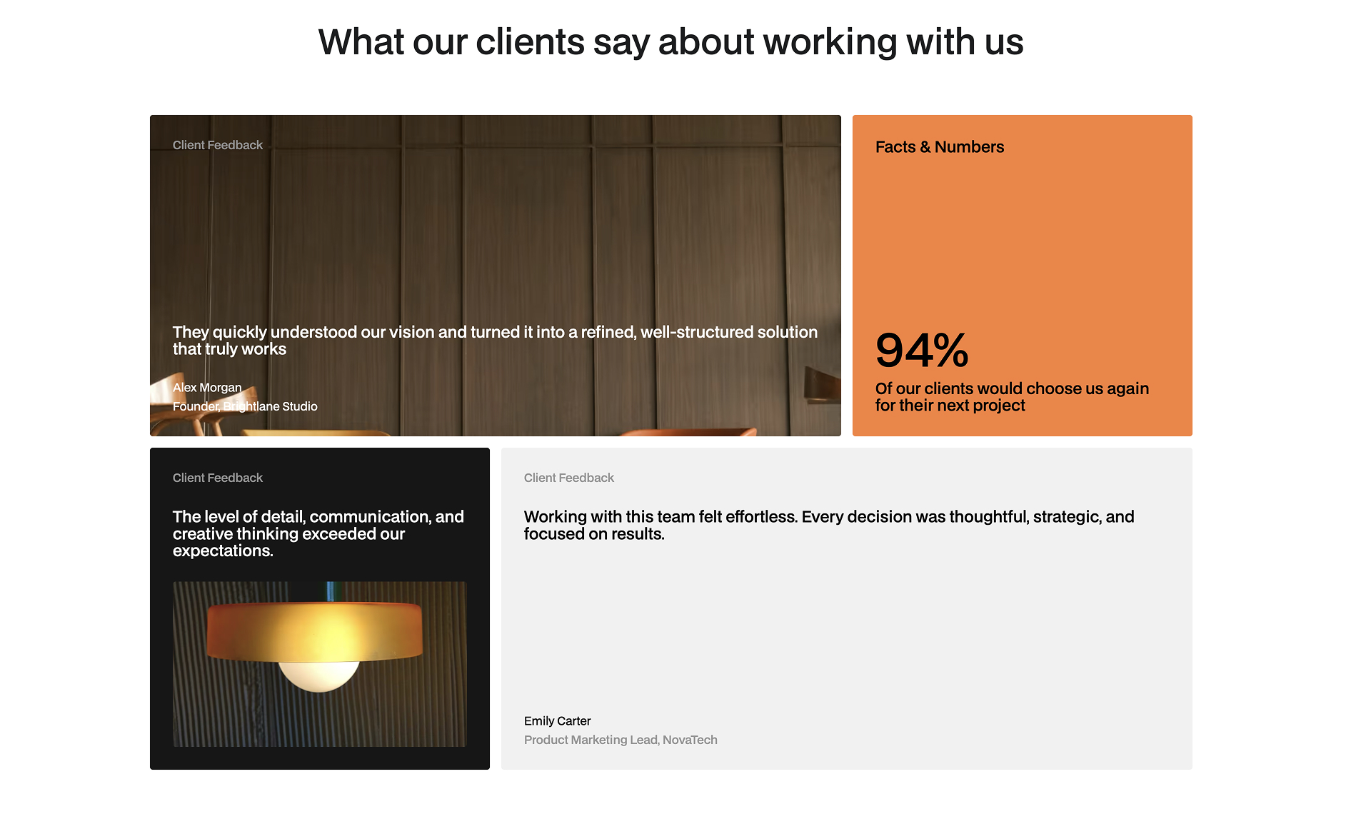 Webflow testimonials component with client feedback cards, customer quotes, and a facts and numbers section highlighting client satisfaction.