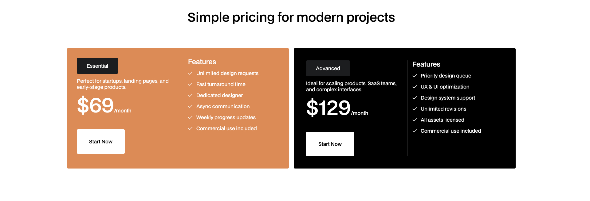 Webflow pricing component displaying two subscription plans with pricing, feature lists, and call-to-action buttons.