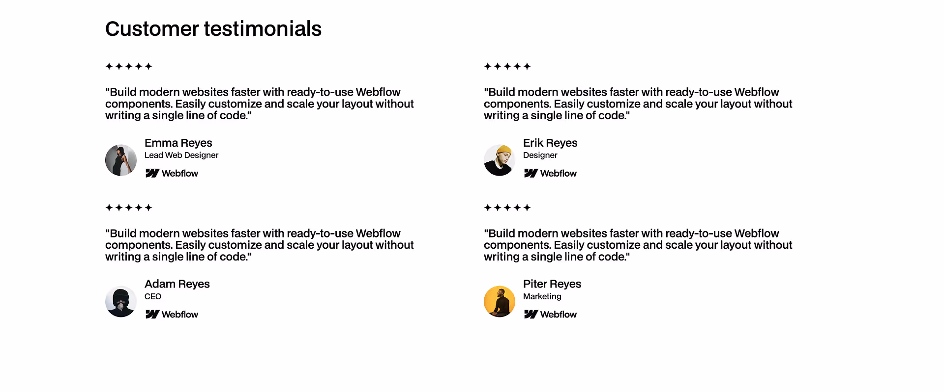 Four-column testimonial layout with star ratings, customer quotes about Webflow components, avatar photos, and company logos