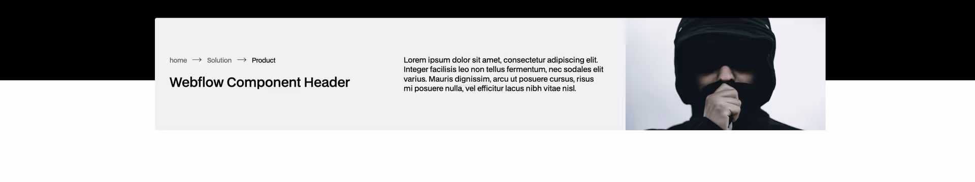 Minimal breadcrumb navigation with Webflow component header and placeholder text for product description. Clean layout with light gray background and image placeholder on the right.