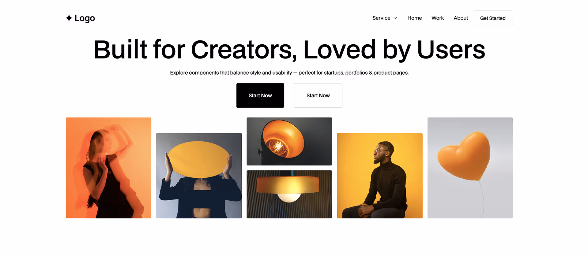 Hero section with headline, CTA buttons, and modern product image gallery.