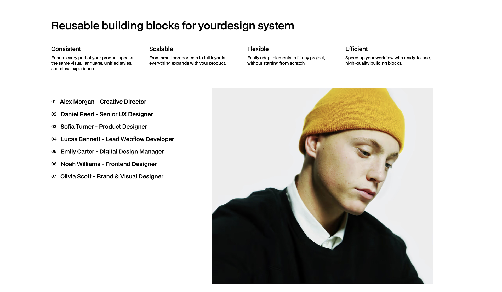 Webflow component Minimalist portrait overlaying animated typography on a dark background