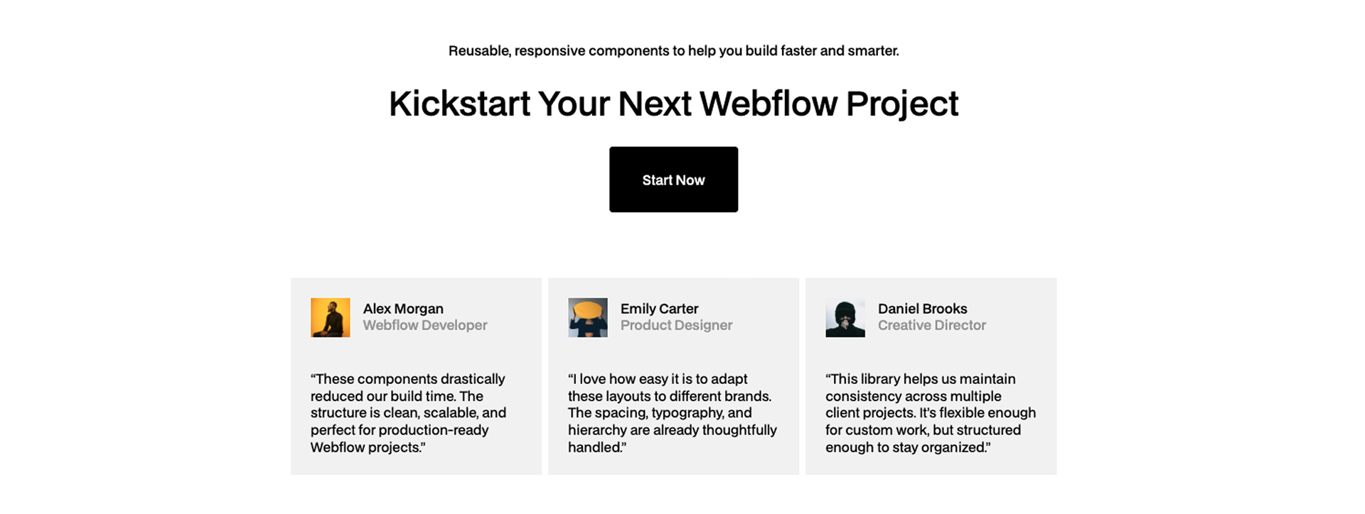 Testimonials section showing three designer reviews praising section.tools for helping them build Webflow projects faster and more efficiently. Includes quotes from Lena Thompson, Noah Carter, and Amelia Brooks, along with a counter reading “9k+ Designers