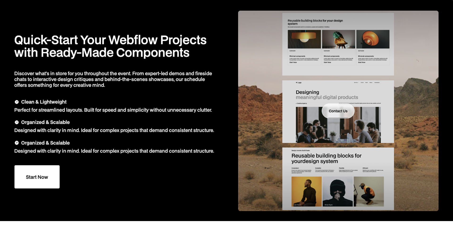 Webflow testimonials component with client feedback cards, customer quotes, and a facts and numbers section highlighting client satisfaction.