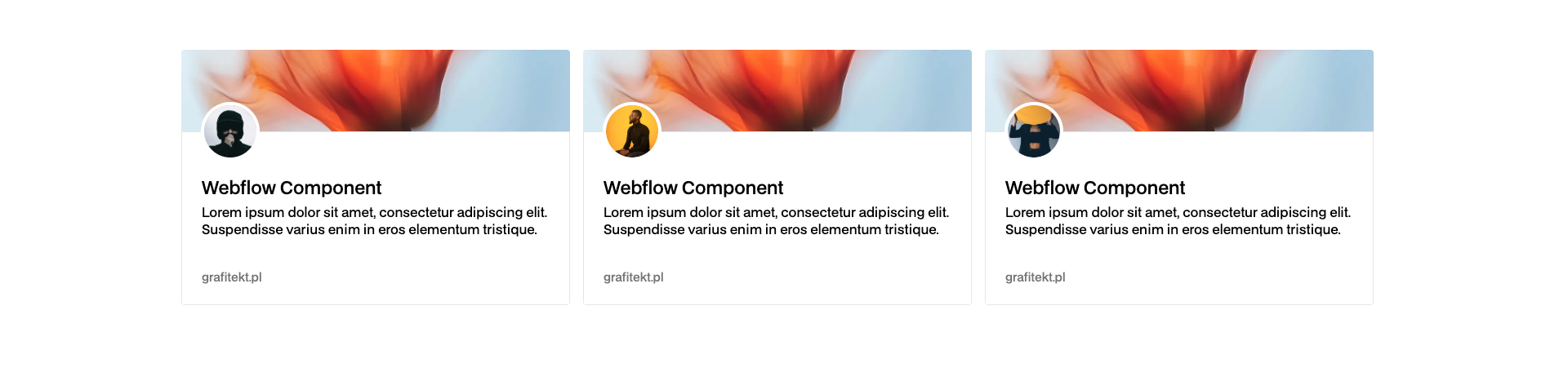 Animated Webflow component with stacked service cards showcasing Webflow Design, UI/UX, and Visual Direction in a dark minimal layout.