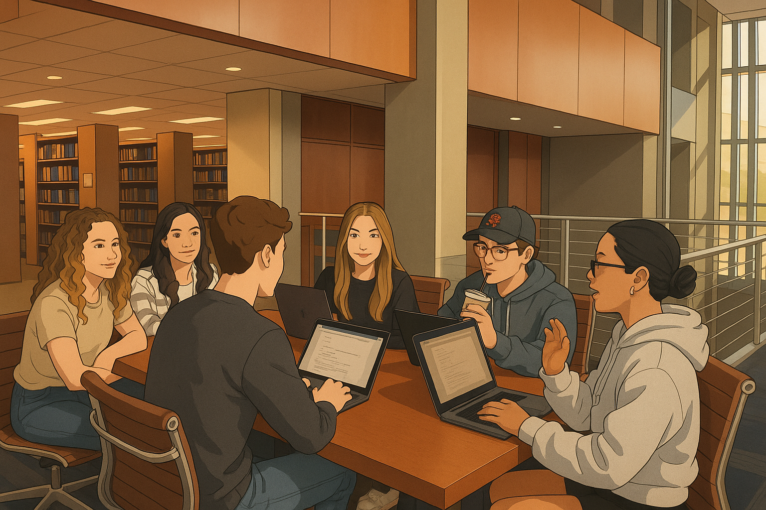 Image of students collaborating around a table in a library in a university. 